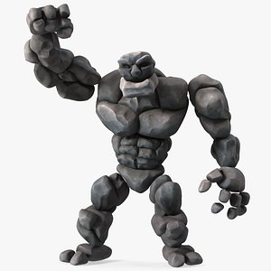 Cartoon Character Gray Stone Golem Happy Pose