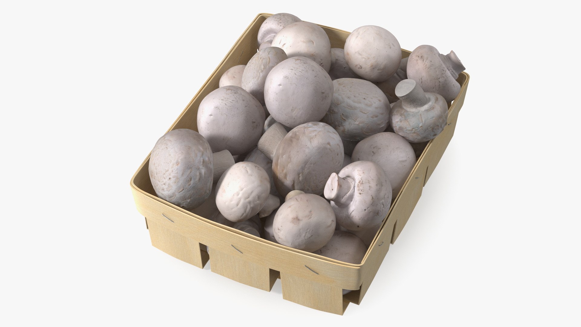 White Champignons in Wooden Basket 3D model preview