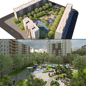 Low Poly Modern Residential Block  Courtyard 3d scene