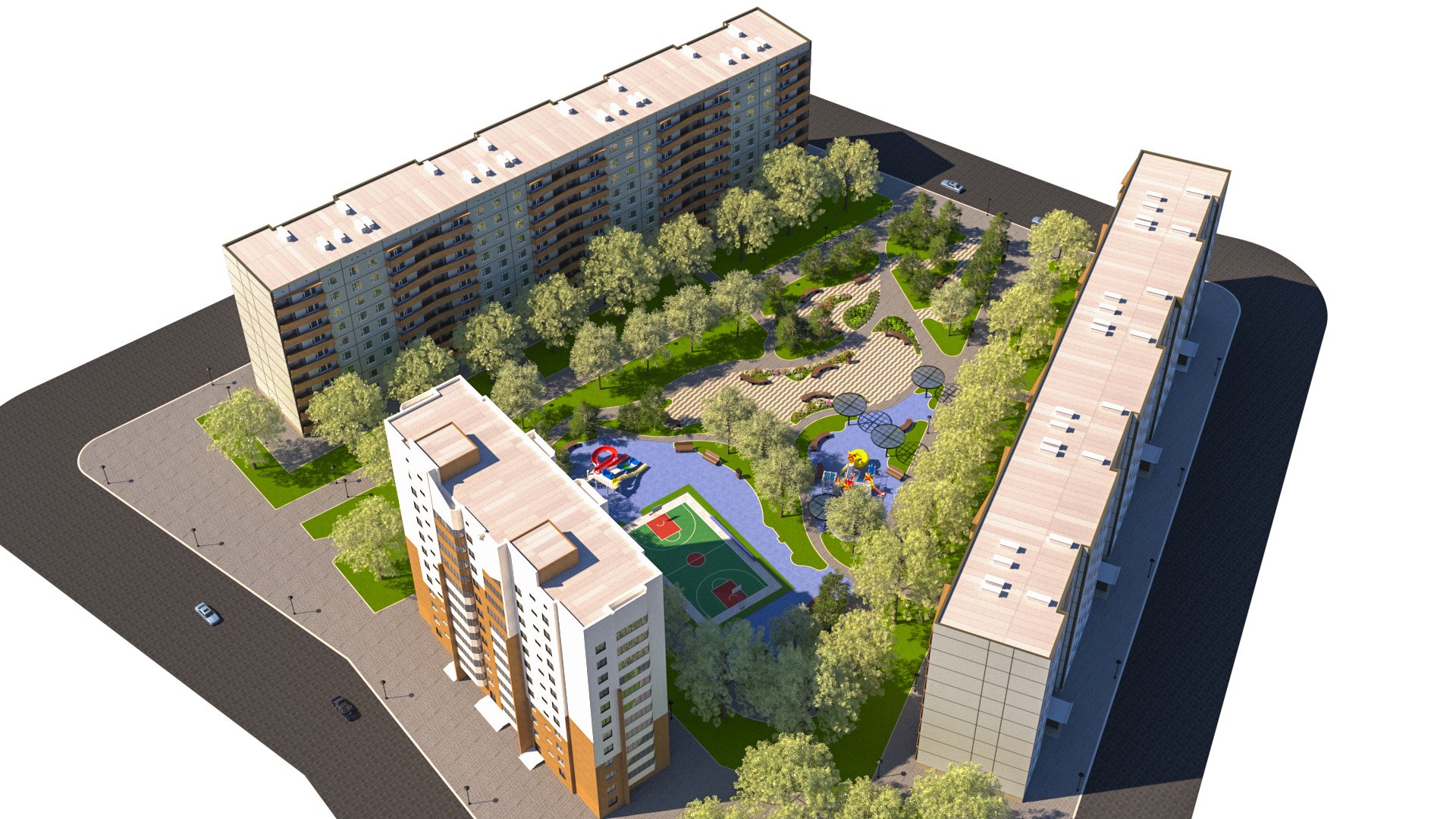 3D Model Low Poly Modern Residential Block Courtyard 3d Scene ...