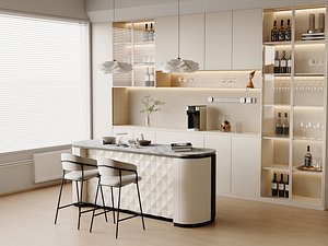 Modern Minimalist Kitchen Interior Scene with Island and Bar Area 3D model