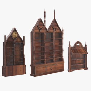 Gothic Library Furniture Set 3 Stylized Bookshelves 3D