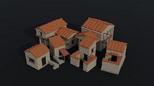 3D Low-poly cartoon ancient rome buildings kit model