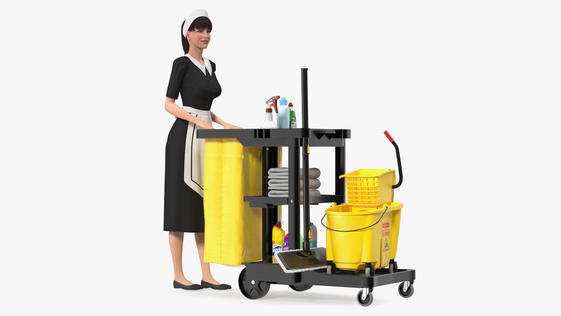 Housekeeping Maid With Multi Shelf Cleaning Cart Fur 3D model preview