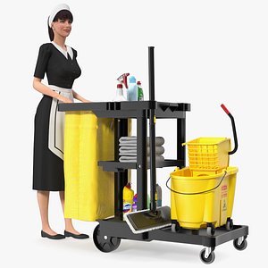 Housekeeping Maid With Multi Shelf Cleaning Cart Fur 3D