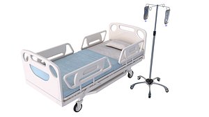 Hospital Medical Bed With IV Stand 3D model