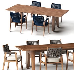 Modern Wood Dining Table Set Woven Rope Chairs Furniture PBR model