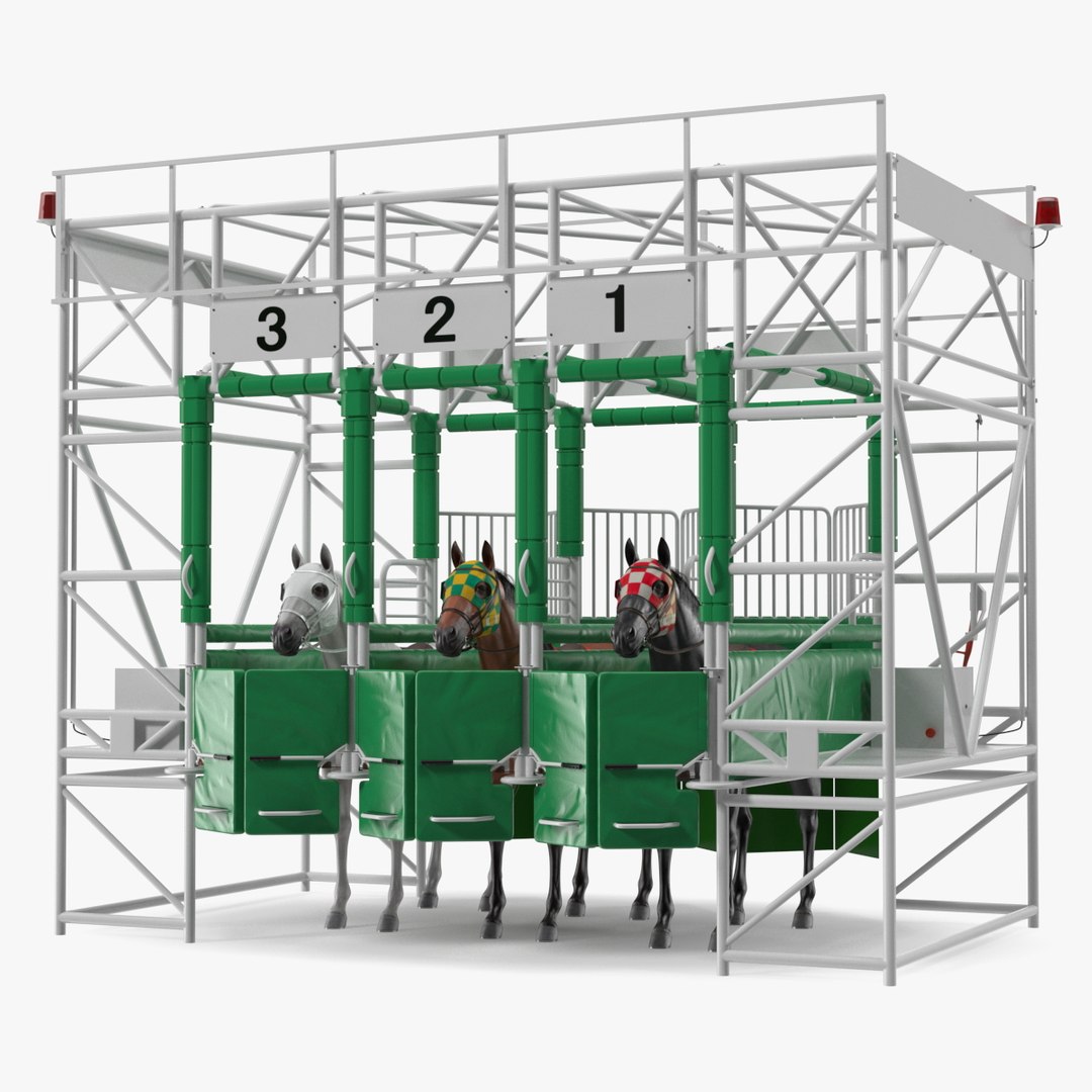 Starting Gates with 3 Racing Horses 3D model preview