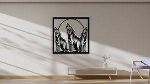 Three Howling Wolves Under Full Moon Wall Decor