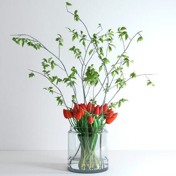 3d model jar tulips branches spring