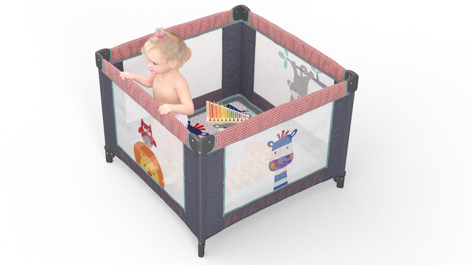 Baby Girl in Textile Playpen Fur Rigged 3D model preview