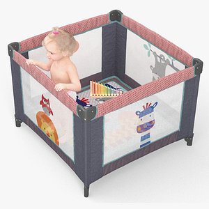 3D Baby Girl in Textile Playpen Fur Rigged