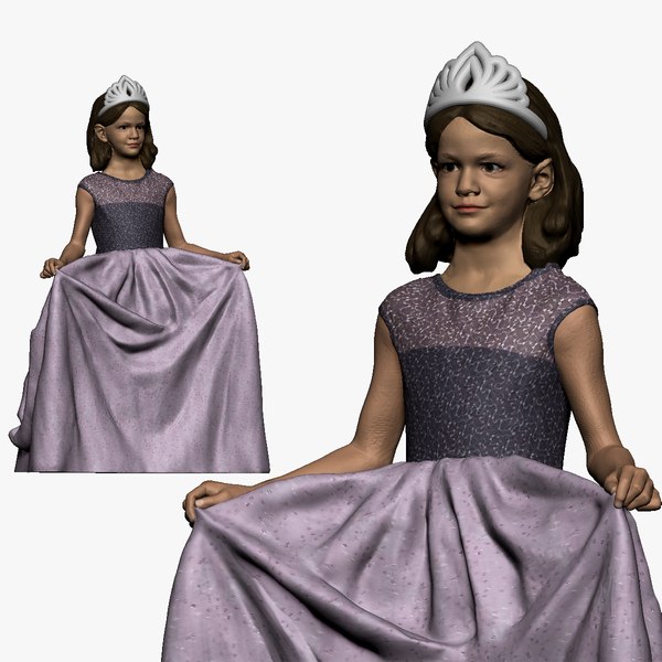 3D model 001117 junior girl in long white skirt crown