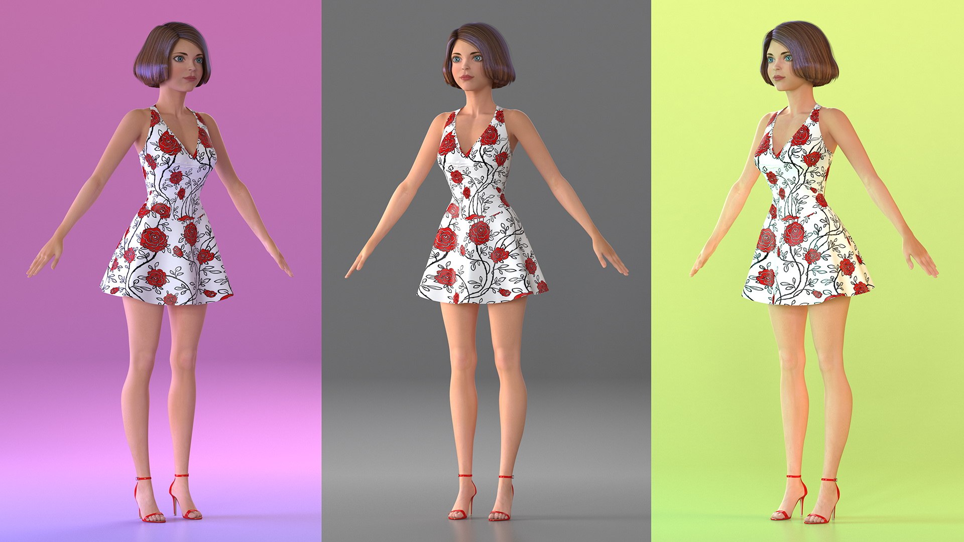 Cartoon Woman Romantic Dress T-Pose 3D model preview