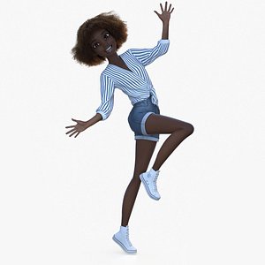 Cartoon Girl African Casual Standing Playful Blue