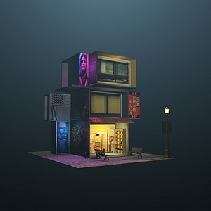 3D low poly cyberpunk building and store