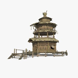 3D Multistory thatched houses in ancient Asian architecture