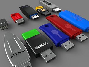 3D Character Showing Pile Of USB Sticks Stock Photo, Picture and