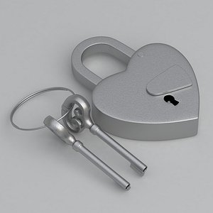 3D model Vintage Love Heart PADLOCK With SKELETON Keys Silver