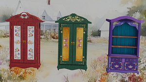 3D Vintage Rustic Countryside Wardrobes and Bookshelf Set