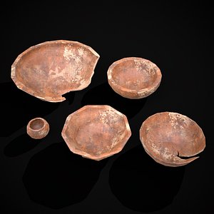 Stack of 5 Cracked Clay Bowls 3D model