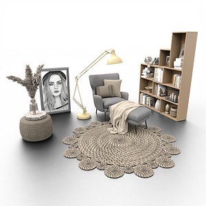 Cozy Reading Nook Scene with Armchair Floor Lamp and Bookshelf