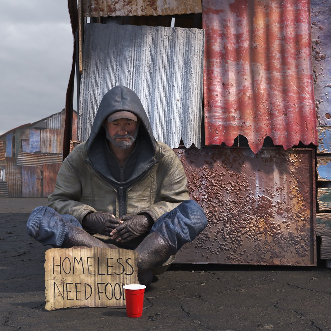 Dual Roof Slum Shack and Homeless Man 3D model preview