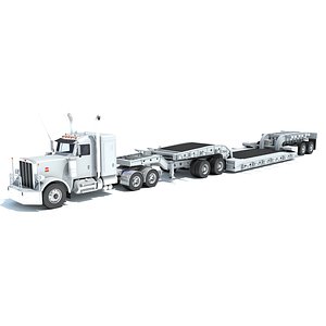Semi Truck with Lowboy Trailer 3D