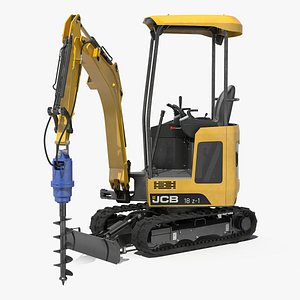 JCB 18Z1 Mini Excavator with Earth Drill X2500 Rigged 3D Model