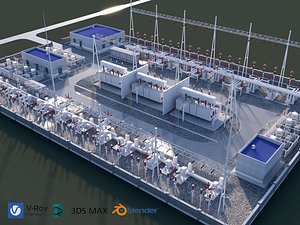 Large High Voltage Transformer Substation Full Scene 3D Model 3D