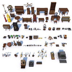 80 Vintage Antique Interior Exterior Furniture Props Collection - Game Ready Low Poly 3D model