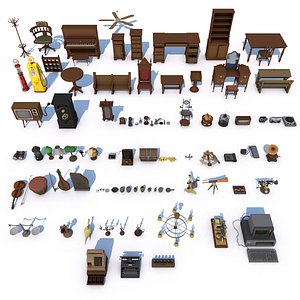 80 Vintage Antique Interior Exterior Furniture Props Collection - Game Ready Low Poly