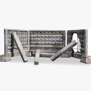 Old modular soviet damaged concrete wall fence with pillars 3D