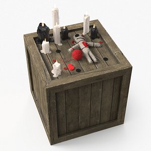 Magical Ritual with Voodoo Doll and Candles on Crate Fur