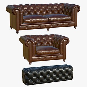 3D Chesterfield Leather Sofa Double Set model