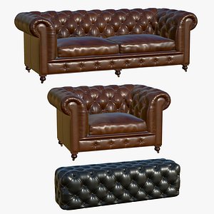 Chesterfield Leather Sofa Double Set
