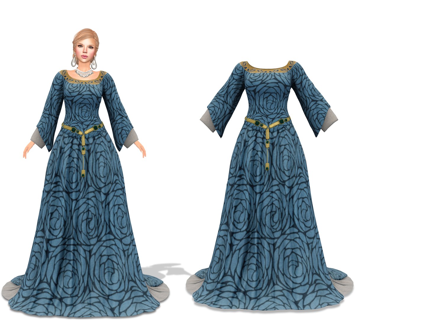 3D 14th Century Renaissance Frippery Long Gown Dress Medieval Costume ...