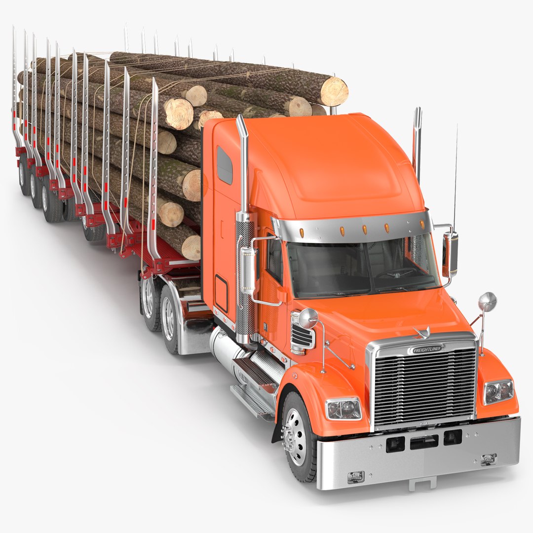 Freightliner Truck with Logging Trailer Rigged 3D model preview