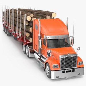 3D Freightliner Truck with Logging Trailer Rigged