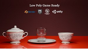 Tea Set and Glass Low Poly Game Ready