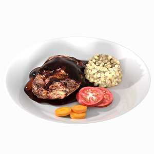 Meat Rice and Vegetables In A Plate 3D
