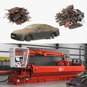 Scrap Metal Baler with Metal Debris and Abandoned Car Collection 3D model