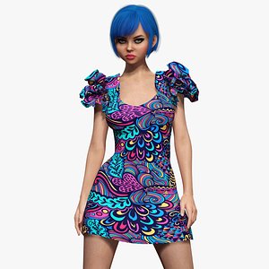 3D Stylized Realistic Girl Short Blue Hair flowers Dress model