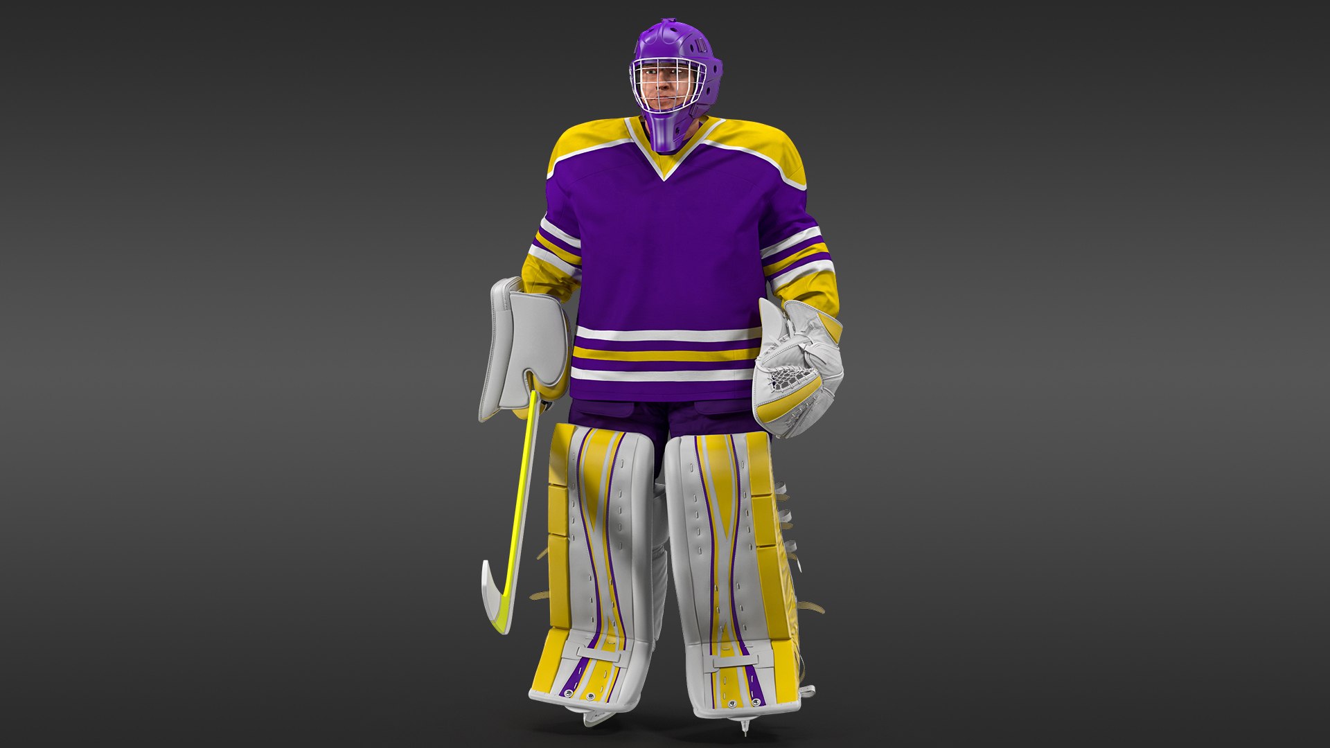 Hockey Goalkeeper Fully Equipped Standing Pose 3D model for industrial visualization, technical presentation, simulation, product rendering, and animation