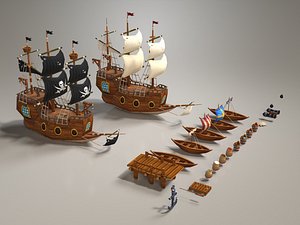 3D Cartoon Pirate Ship Game 3D Asset Pack Low poly model
