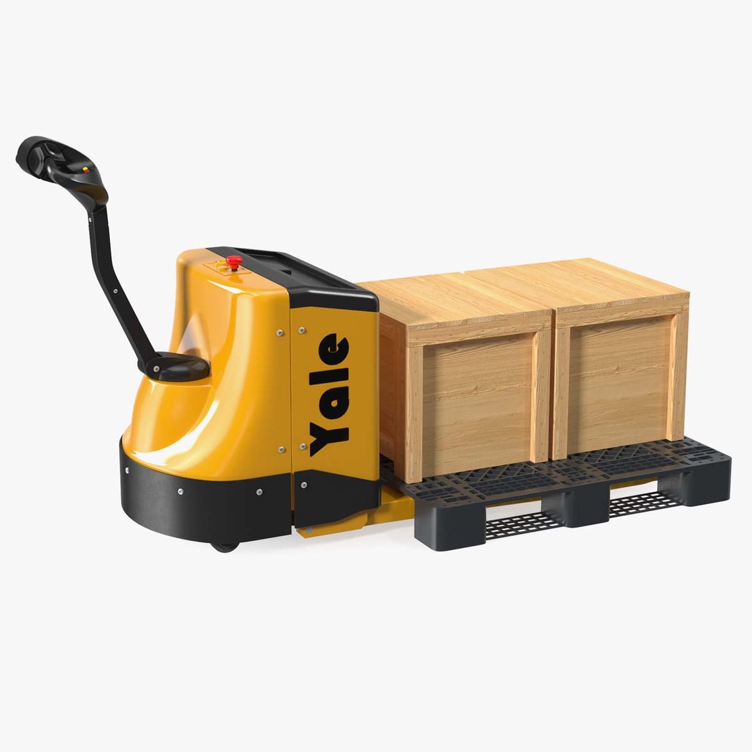Yale Fully Powered Pallet Truck with Wooden Crates Rigged for Maya 3D model preview