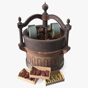 3D Antique Cocoa Grinder with Cacao Fruits and Beans