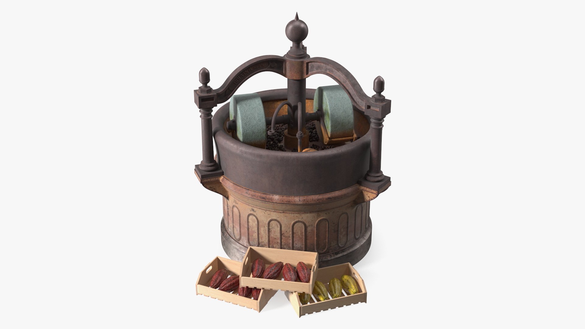 Antique Cocoa Grinder with Cacao Fruits and Beans 3D model preview