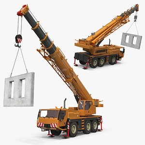 Liebherr Mobile Crane Vehicle with Concrete Wall Yellow 3D model
