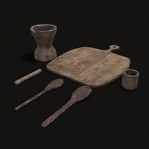 Rustic Wooden Medieval Cooking Set 3D model